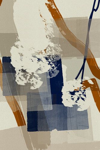 Modern abstract in verbrand oranje, beige en marineblauw