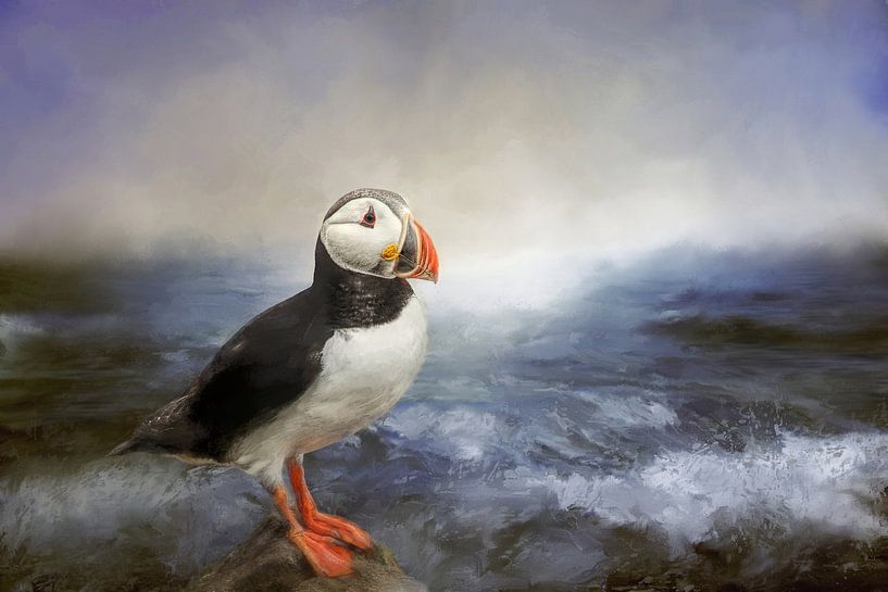 Sea View With Puffin On Rock And Breaking Waves by Diana van Tankeren