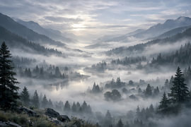 Morgennebel im Alpental – Mystische Berglandschaft mit Fluss im Urwald von ButterflyPix