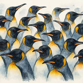 Groep koningspinguïns (AI) (pinguïns, kolonie, aquarel, schilderij, Antarctica, winter),