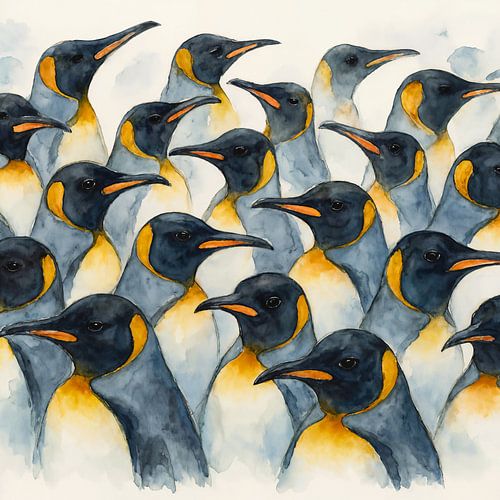 Groep koningspinguïns (AI) (pinguïns, kolonie, aquarel, schilderij, Antarctica, winter),
