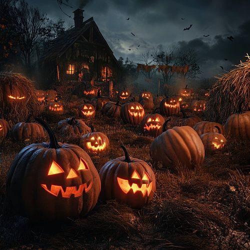 Halloween luminous pumpkins in the mist
