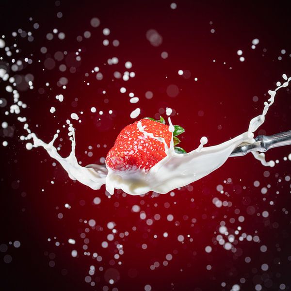 A delicious, ripe, red strawberry falls onto a tablespoon of milk by Photo Art Thomas Klee
