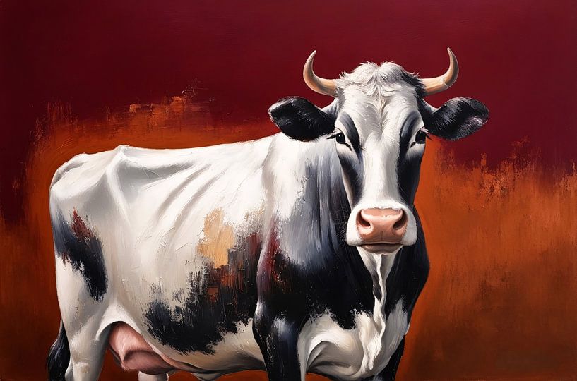 Realistisches Kuhporträt auf orangefarbenem Hintergrund von Art & Soul Creations
