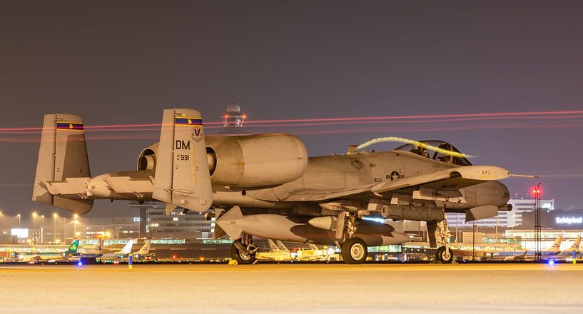 A Fairchild Republic A-10 Thunderbolt II (Warthog) stays overnight at Schiphol-East. by Jaap van den Berg
