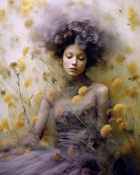 Portrait &quot;Dandelions&quot; in lilac and yellow by Carla Van Iersel