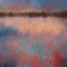 Kleurrijk abstract minimalistisch landschap in pastelkleuren. Blauw, rood, bruin en geel van Dina Dankers