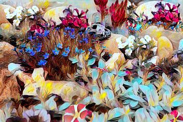 Rotstuin met kleurrijke bloemen en een schedel van Patricia Piotrak