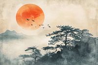 Aziatische zen landschap met oranje zon
