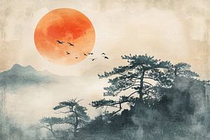 Asiatische Zen-Landschaft mit orangefarbener Sonne