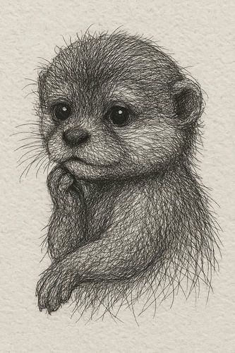Draad portret baby otter (realistische gedetailleerde tekening neutrale kleuren kinderkamer speels lief)