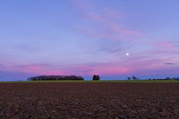 Deutschland, Mondschein über braunem Acker und grünen Feldern dahinter mit wenig Wald nach Sonnenuntergang von adventure-photos