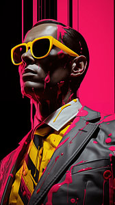 Abstraktes Pop-Art-Vintage-Mann-Porträt mit bunter Haut und Sonnenbrillen-Kunstwerk-Design vertikal