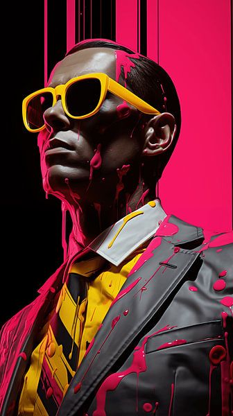 Abstraktes Pop-Art-Vintage-Mann-Porträt mit bunter Haut und Sonnenbrillen-Kunstwerk-Design vertikal von Animaflora PicsStock