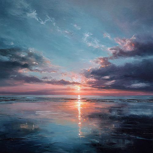 Serene Ocean Sunset Oil Painting