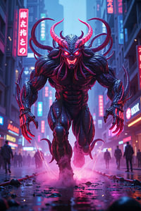 Fantasy Cyberpunk Wandbild: NEON DEMON - Der Höllenläufer von Tokio
