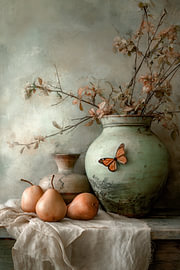 Schmetterling – Zartes Stillleben in sanften Erdtönen von Joriali Fine Art