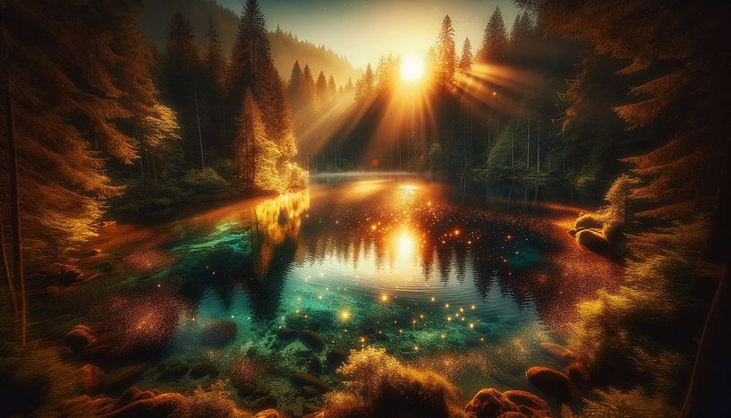 Morning light sparkles on a quiet forest lake by artefacti