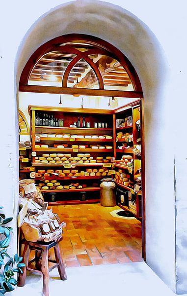 Blik in Kaaswinkel Pienza Toscane van Dorothy Berry-Lound