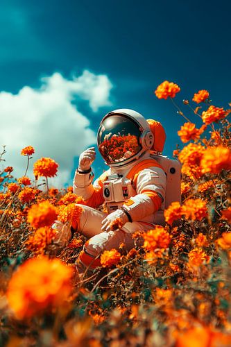 Astronaut in leuchtend orange Blumenfeld