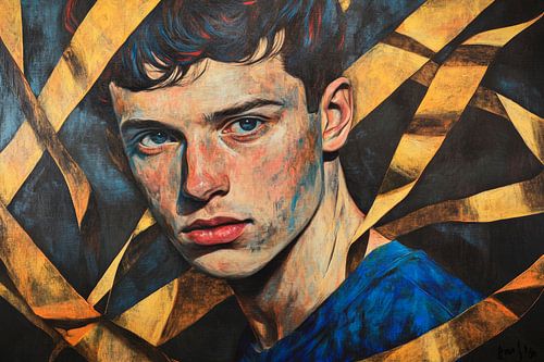 Jonge man voor een abstracte achtergrond