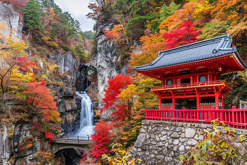 Japanese garden with waterfall and house by Egon Zitter