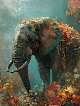 Autumn Harmony - L'éléphant dans la lueur du matin sur Eva Lee