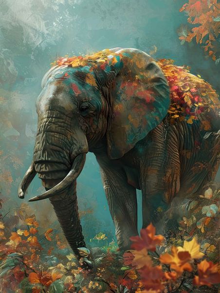 Herfstharmonie - Olifant in het Ochtendgloren van Eva Lee