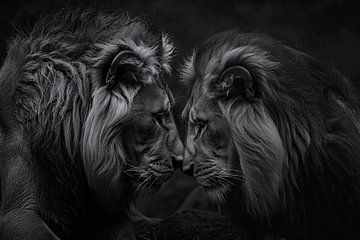 Twee leeuwen in een donkere omgeving van De Muurdecoratie