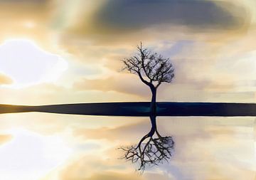 Minimalistisch landschap reflecterend boom silhouet van Maud De Vries