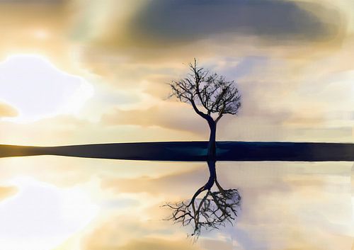 Minimalistisch landschap reflecterend boom silhouet