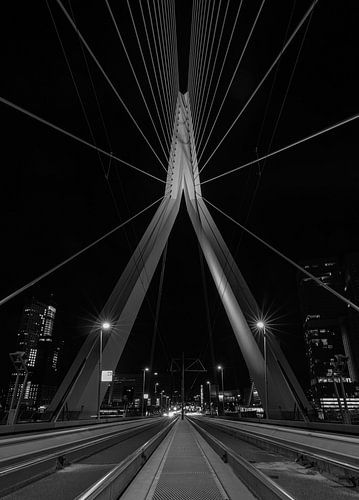 De Erasmusbrug in Rotterdam in de avonduren in zwart/wit