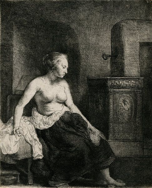 Rembrandt van Rijn, Vrouw zit half gekleed naast een fornuis, 1658 van Atelier Liesjes