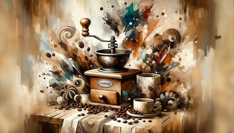 Koffiemolen in een artistieke explosie van artefacti