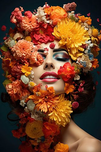 Very beautiful woman covered in tropical flowers in hi fashion style