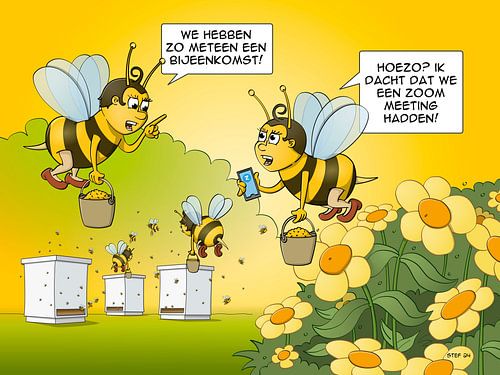 Cartoon; de bijeenkomst en de zoommeeting