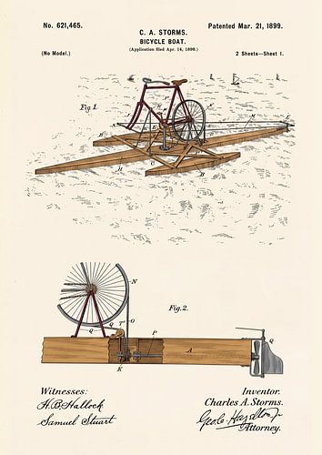 Bateau-vélo vintage, brevet de 1899 – Dessin technique sur papier ancien