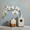 Eine Orchidee im Retro-Stil in einer quadratischen weißen Vase. von J.a Dijkstra