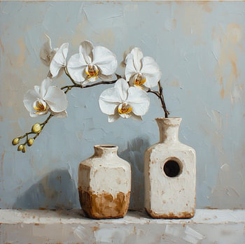 Een orchidee in witte aardewerk vaas landelijk chic vintage stijl.