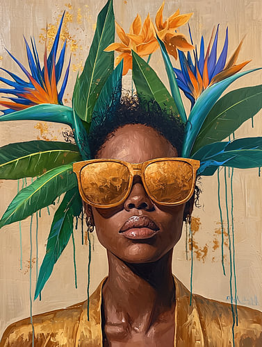 Golden Shades & Tropical Crown - Modern Abstract Vrouwen Portret met Olieverf en Paletmes Textuur