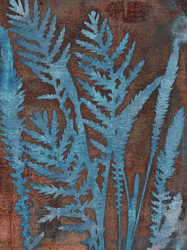 Botanische bladeren in kobaltblauw en gedempte aardse texturen