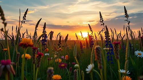 Coucher de soleil sur des champs en fleurs