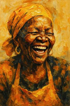 De kracht van een glimlach (Lachende oude Afrikaanse oma vrouw met kookschort schilderij)