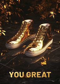 Ein Paar glänzende, metallisch-goldene High-Top-Sneaker auf einem dunklen Marmorboden von Morgan