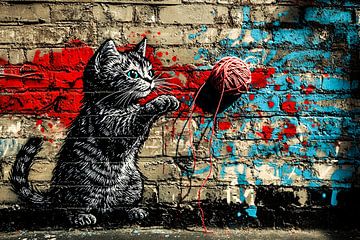 Kat met bol wol graffiti van Imperial Art House