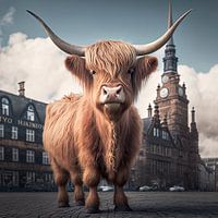 Highlander écossais devant un bâtiment