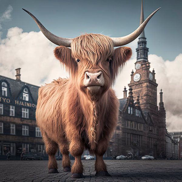 Highlander écossais devant un bâtiment par Harvey Hicks