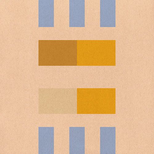 Abstracte geometrische kunst in mosterdgeel, hemelsblauw en beige