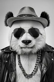 Panda in leather jacket and sunglasses poses