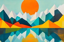 Bunte Berglandschaft mit orangefarbener Sonne von Poster Art Shop